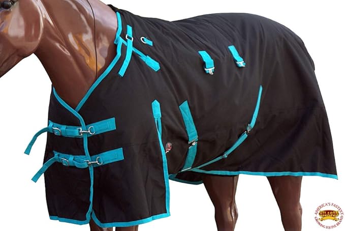 HILASON Black with Turquoise Trims 80 inch 1200D Winter Waterproof Poly Horse Turnout Blanket Belly Wrap