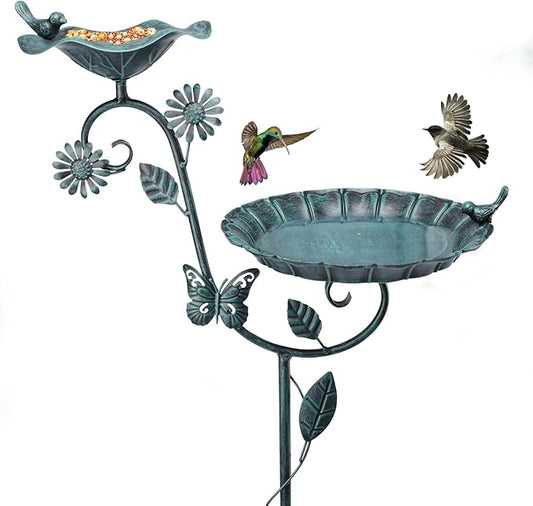 MUMTOP Bird Baths and Feeder for Outdoors, 53 inch Height Metal Birdbath Antique Garden Bird Feeder with Metal Stake for Garden Outside Yard Lawn Decorations, Green