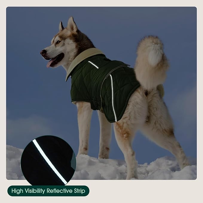Kuoser Dog Coat Thermal Fleece Lined Dog Jacket, Adjustable Hook & Loop Dogs Coats for Medium Dogs Windproof Reflective Puppy Snow Jackets Pet Cold Weather Clothes with Harness Hole, Green, M