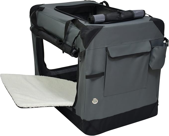 EliteField 4-Door Folding Soft Dog Crate with Curtains, Carrying Bag and Fleece Bed (2 Year Warranty), Indoor & Outdoor Pet Home (20" L x 14" W x 14" H, Gray+4 Door Curtains)