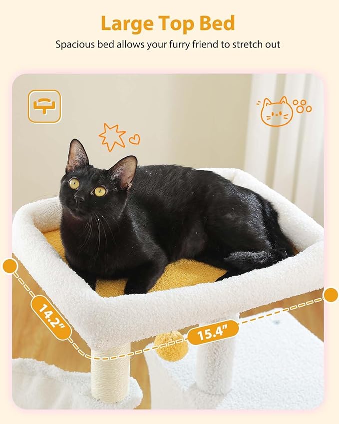 Cute Cat Tree - 35.4" Cloud Cat Tower for Indoor Cats w/Large Top Bed, Comfy Hammock for Kittens, Flower Platform, Cat Scratching Post, and Dangling Ball, White