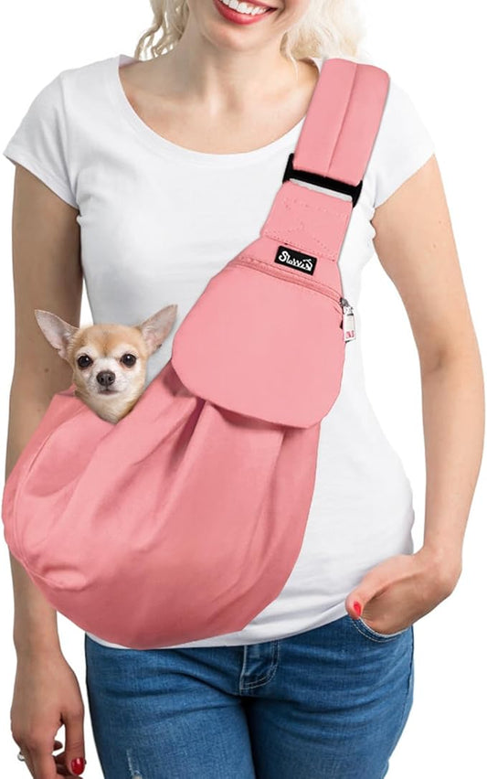 SlowTon Dog Carrier Sling - Thick Padded Shoulder Strap Adjustable Dog Carriers for Small Dogs, Puppy Carrier Purse for Pet Cat with Front Zipper Pocket Safety Belt Machine Washable (Peach, S)