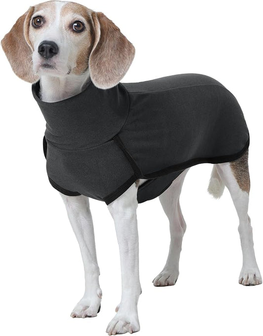 ROZKITCH Warm Dog Sweaters Turtleneck with Leash Hole, Windproof Warm Cold Weather Jacket Vest Cozy Jumpsuit Apparel Outfit Clothes for Walking Hiking Travel Sleep Black S