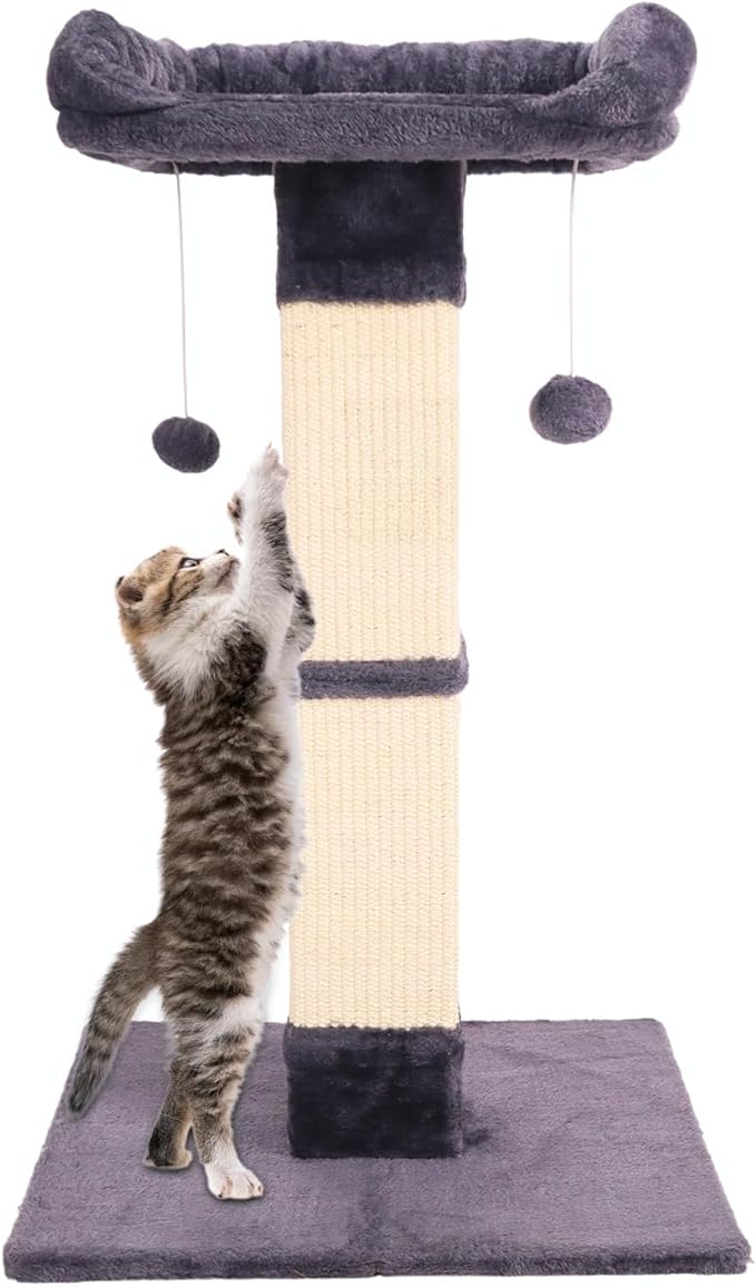 34" Cat Scratching Post for Indoor Cats, Sisal Cat Scratcher with Plush Perch and with Two Dangling Balls, Large Scratch Post with Bed, Removable Cover, Sisal Fabric