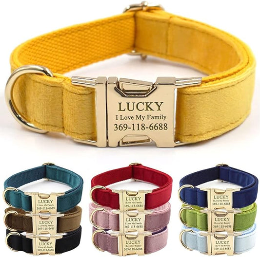 PETDURO Personalized Dog Collar Ginger Soft Velvet for Large Medium Small Boy Girl Dogs - Custom Collar with Name Phone Number Engraved on Gold Metal Buckle - Add Leash Bow Set via Customize Now