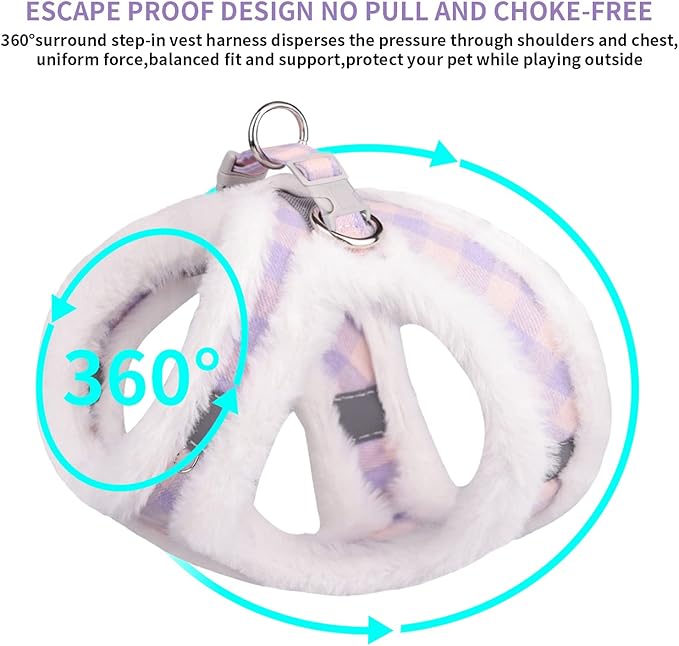 AIITLE Reflective Plush Dog Winter Harness and Leash Set - Breathable Plaid Dog Vest Warm Dog Harness - Fleece Lined Dog Vest for Cold Weather, Easy to Put on Small and Medium Dogs Purple S
