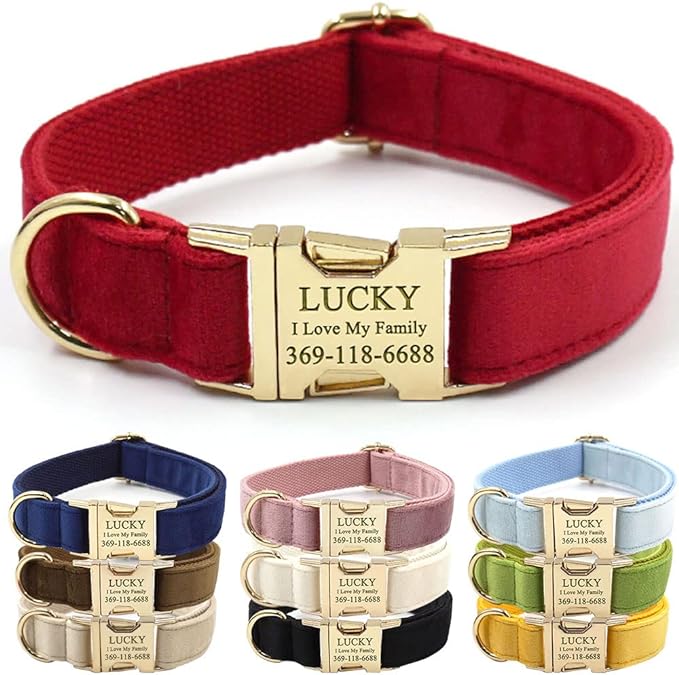 PETDURO Custom Dog Collar Personalized with Name Engraved Quick Release Rose Gold Metal Buckle for Large Medium Small Girl Dogs - Dog Leash and Bow Tie Available - Soft Comfy Velvet (Red, XS)