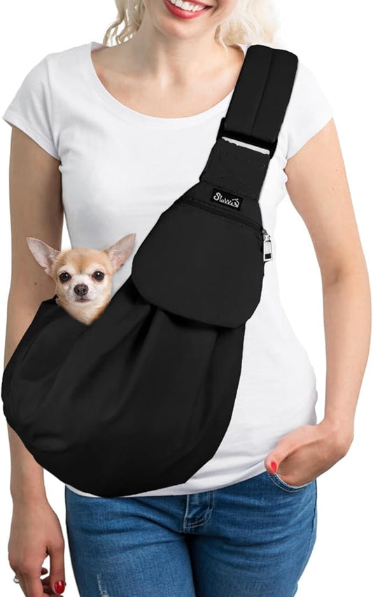 SlowTon Dog Carrier Sling - Thick Padded Shoulder Strap Adjustable Dog Carriers for Small Dogs, Puppy Carrier Purse for Pet Cat with Front Zipper Pocket Safety Belt Machine Washable (BN, S)
