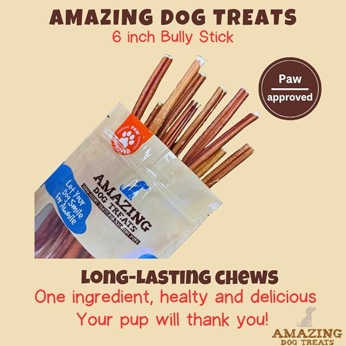 Amazing Dog Treats - Bully Sticks for Small Dogs (6 Inch Junior - 100 Count) - Premium Thin Bully Sticks for Dogs - High Protein, Grass Fed, Additive Free