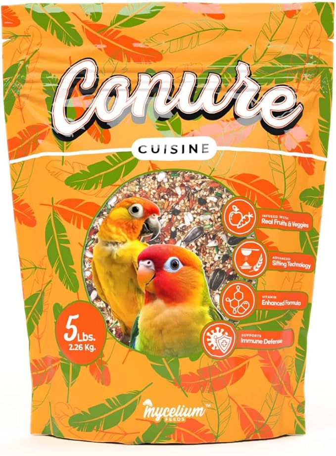 Mycelium Organic Conure Cuisine (5 LB Bag) | Fruit & Veggie Bird Seed w/Added Vitamins | Balanced Daily Nutrition for Immunity & Feather Health | Non-GMO, No Fillers or Additives, Made in USA