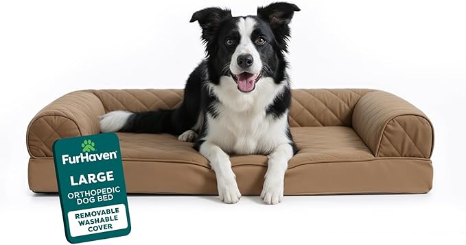 Furhaven Orthopedic Dog Bed for Large/Medium Dogs w/ Removable Bolsters & Washable Cover, For Dogs Up to 55 lbs - Quilted Sofa - Toasted Brown, Large