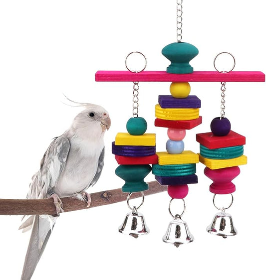 Hypeety Parrot Hanging Swing Bells Chew Toy Colorful Hanging Wood Block Natural Birds Toy for Parrot Macaw African Greys Cockatiels Budgies Conure Cage