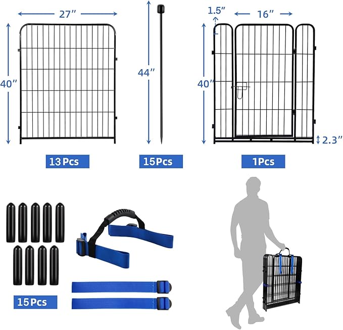 ADAVIN Tall Garden Fence 40 in(H)31 Ft(L) 14 Panels, Heavy Duty Iron Metal With Gate, Low Threshold for Dogs Rabbits, Outdoor Camping, Flower Bed Border, Temporary Black Yard