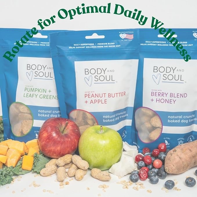 Body and Soul Superfood Crunchy Healthy Dog Treats 3 Pack Variety - Peanut Butter + Apple, Pumpkin + Leafy Greens, Berry Blend + Honey - Plant-Based Biscuits Baked with Ancient Grains - Made in USA