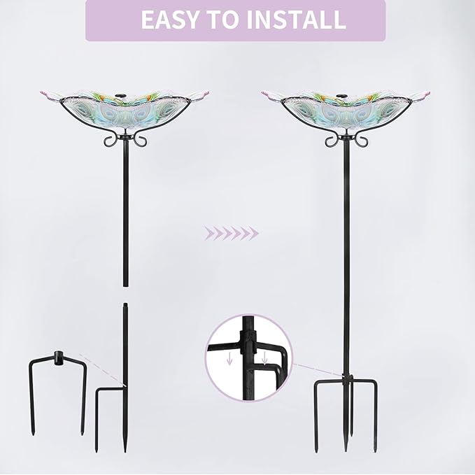 MUMTOP Glass Bird Bath, Garden Outdoor Birdbaths Birdfeeder with Metal Stake Peacock Bird Baths for Outside Yard