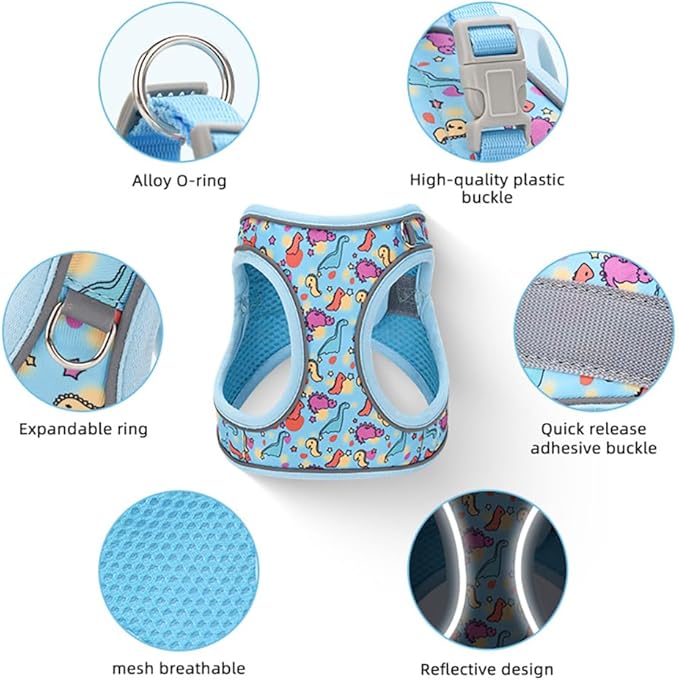 Step in Dog Harness and Leash Set, Flower Adjustable Easy Walk Puppy Harnesses, Soft Mesh Pet Vest Harness Small Size Dog Adjustable No Pull Dog Harness for Small Medium Dogs(Dinosaur, S)