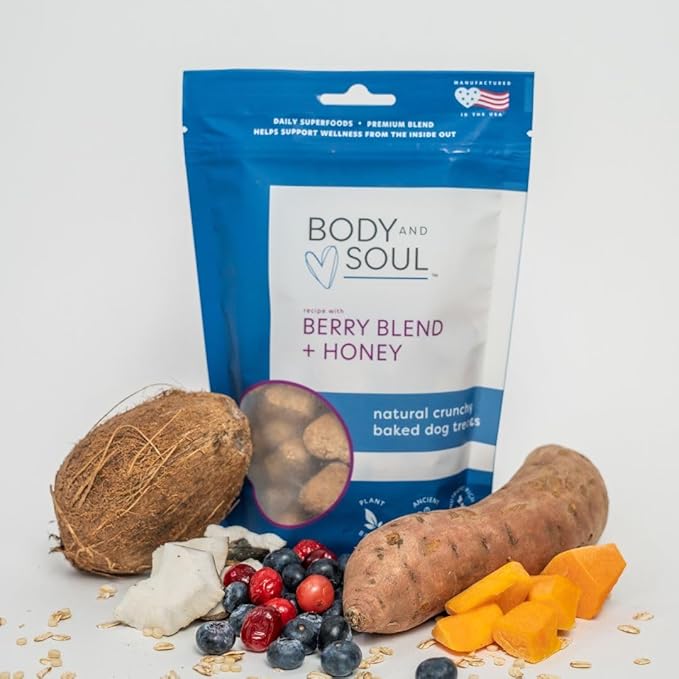 Body and Soul Berry Blend + Honey Crunchy Dog Treats - Superfood Biscuits Baked with Oats Barley & Quinoa - All-Natural Plant Based Clean Protein, No Additives or Fillers - Made in USA 2 Pack (20oz)