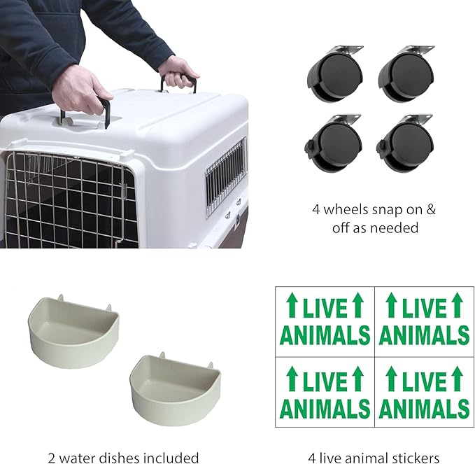 SportPet Designs Plastic Kennels Rolling Plastic Airline Approved Wire Door Travel Dog Crate, XXX-Large, Gray