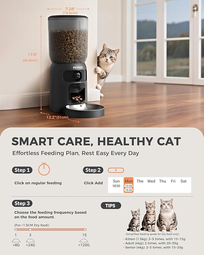 AI Automatic Cat Feeder with 2K HD Dual Cameras,5G&2.4G Wi-Fi 6L Programmable Cat Food Dispenser with Cats Recognition& Diet Tracking, Laser Interactive Toy & Two-Way Audio