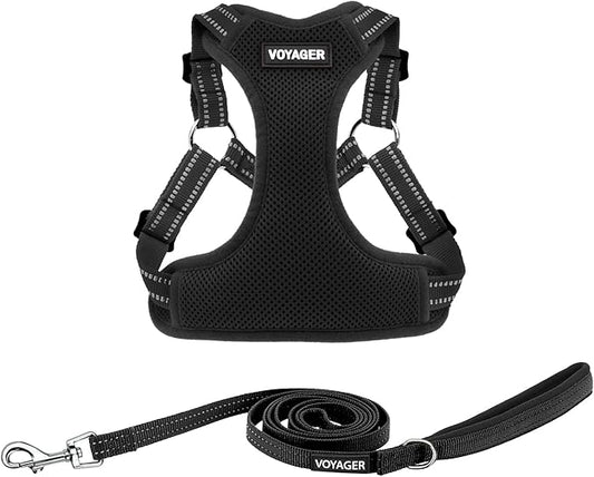 Best Pet Supplies Voyager Mesh Dog Breathable Harness Reflective Stitching, All Weather Adjustable for Walking Training, or Running - Heavy Duty & Durable, Harness Leash Set (Black), L