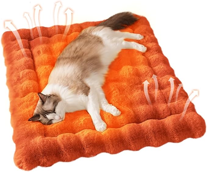 Cat Beds for Indoor Cats Faux Fur Pet Mat Cute Kitten Plush Bed with Non-Slip Bottom for Carriers/Couch Dog & Puppy Friendly 27 x 20 Inch Large Orange