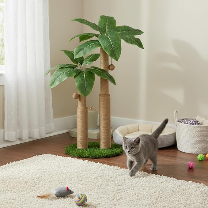 29.7inch Cat Scratching Post,Cat Scratcher Cat Tree with 2 Sisal Scratching Poles & 2 Interactive Dangling Balls,Cats Scratching Posts for Indoor Kitten & Adult Cats (2 Posts Banana Tree)