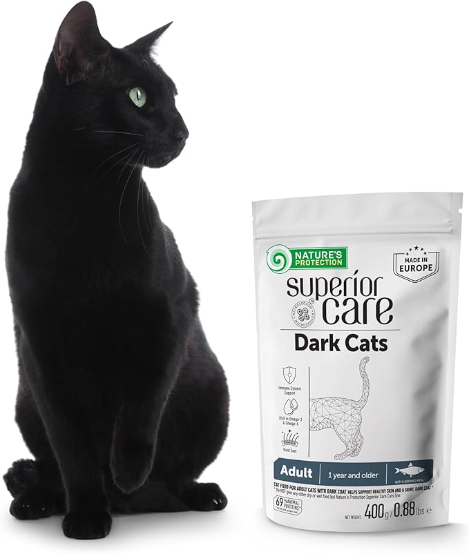 Nature's Protection Dry Cat Food - Grain Free, High Protein Cat Food Dry Kibble for Indoor Adult Cats with Dark Fur - Sensitive Stomach, No Tear Stains & Hairball (Superior Care - Herring, 14.11 oz)