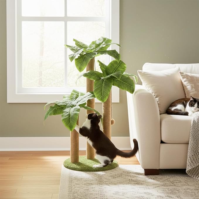 31.5Inch Cat Scratching Post,Cat Scratcher Tree with 3 Scratching Poles & 2 Interactive Dangling Balls,Cats Scratching Posts for Indoor Kitten & Adult Cats