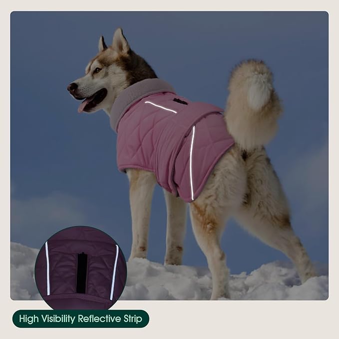 Kuoser Dog Winter Coat Waterproof Dog Snow Jacket, Warm Fleece Lined Pet Turtleneck Snowsuit Puppy Cold Weather Coats with Harness Hole, Adjustable Winter Vest for Medium Large Dogs, Pink, L