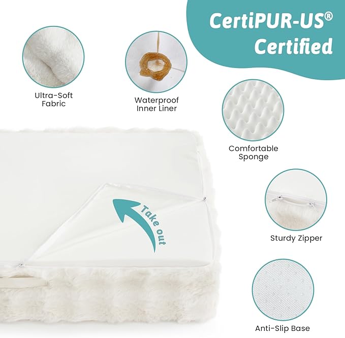Faux Fur Orthopedic Dog Bed, XL Pet Couch for Extra Large Dog, Big Supportive Foam Bolster Sofa with Waterproof Lining Cover, Anti-Slip, Soft, Warm, C-Shaped, 48x35x8 inch, Beige