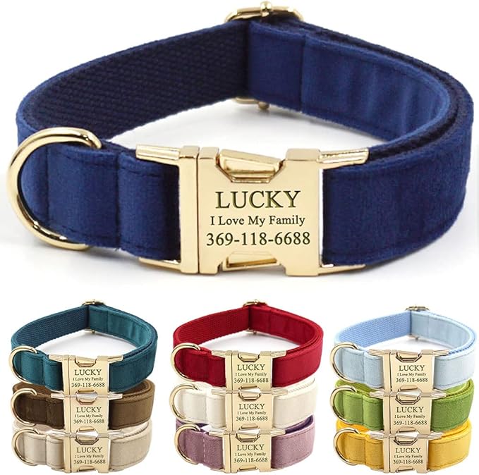 PETDURO Custom Dog Collar Personalized with Name Engraved Quick Release Rose Gold Metal Buckle for Large Medium Small Girl Dogs - Dog Leash and Bow Tie Available - Soft Comfy Velvet (Dark Blue, M)