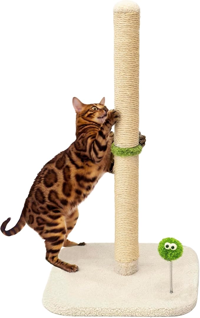 TINYBEAST 34" Tall Cat Scratching Post, Cat Scratcher Featuring Natural Sisal Rope, Cat Tree with Interactive Plush Toy Ball and Stable Base for Indoor Large Adult Cats & Kittens