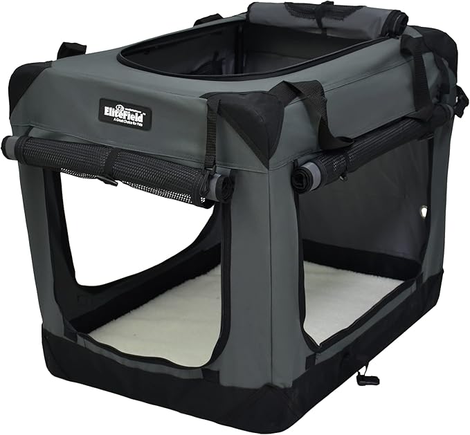 EliteField 4-Door Folding Soft Dog Crate with Curtains, Carrying Bag and Fleece Bed (2 Year Warranty), Indoor & Outdoor Pet Home (20" L x 14" W x 14" H, Gray+4 Door Curtains)