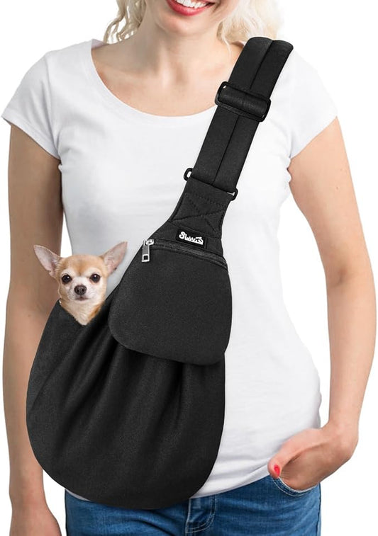 SlowTon Dog Carrier Sling - Thick Padded Shoulder Strap Adjustable Dog Carriers for Small Dogs, Puppy Carrier Purse for Pet Cat with Front Zipper Pocket Safety Belt Machine Washable (Black Knitted, S)