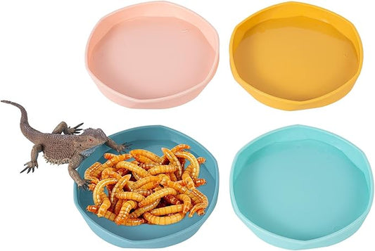 COMSUN 4 Pack Small Reptile Food Dish Bowl, Plastic Worm Water Dish Plate for Lizard Gecko Bearded Dragon Chameleon 4" W x 4" D x 0.5" H, Blue and Yellow