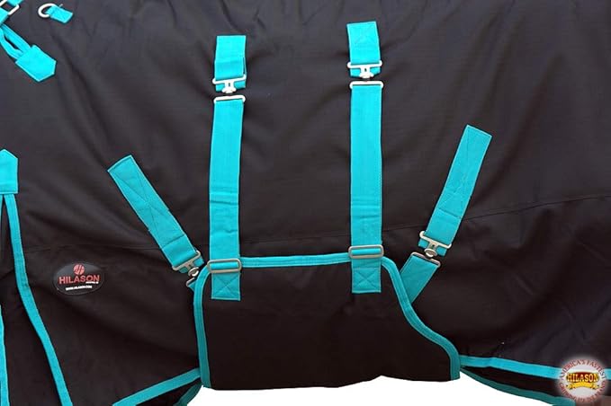 HILASON Black with Turquoise Trims 80 inch 1200D Winter Waterproof Poly Horse Turnout Blanket Belly Wrap