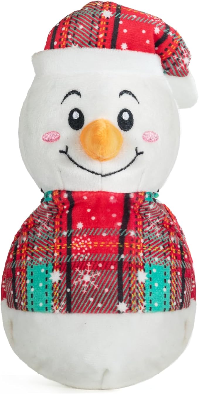 Christmas Dog Toys – Plush Reindeer & Snowman Holiday Set for Small and Medium Dogs, Soft Stuffed Chew Toys with Crinkle Ears, Festive Red Green Plaid, Cute Stocking Stuffer Gift