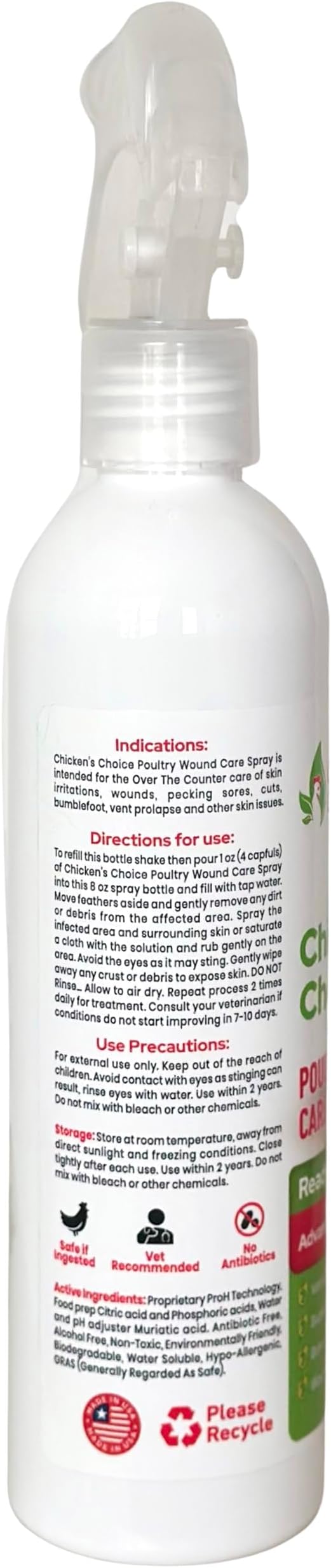 Chicken's Choice Wound Care for Chickens & Birds. Advanced Wound Care Spray for Poultry. Works for Bumblefoot, Vent Prolapse, Pecking Sore, Burns & Skin Irritations. 8 oz Ready to Use Spray