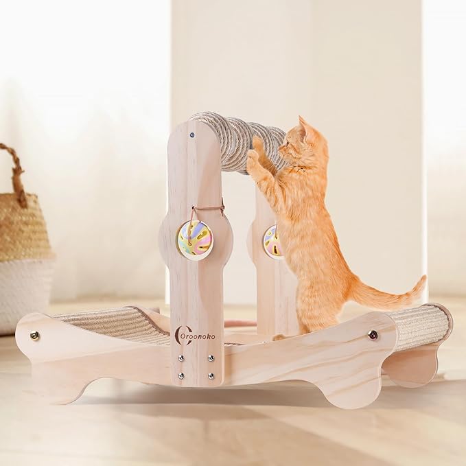 Oroonoko 4-in-1 Cat Scratcher Bed with Scratching Balls & Bells, Large Sisal Scratching Post, Cat Hammock Bed for Indoor Cats, Anti-Tip Wood Base, Cat Bed & Scratch Pad for Large Cats up to 50 lbs