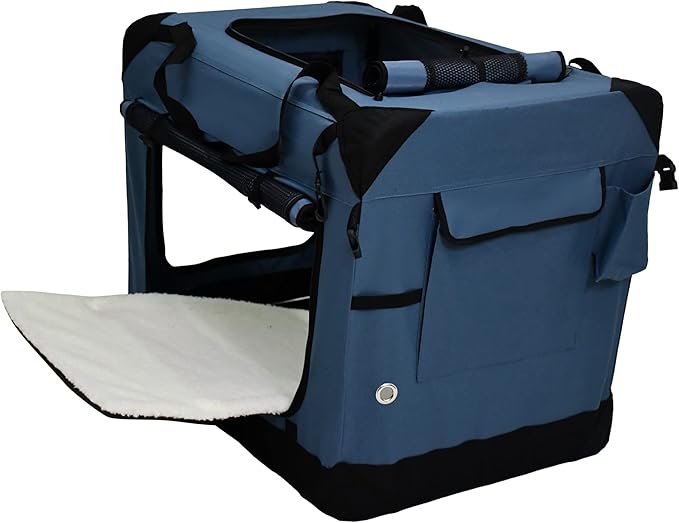 EliteField 4-Door Folding Soft Dog Crate with Curtains, Carrying Bag and Fleece Bed (2 Year Warranty), Indoor & Outdoor Pet Home (20" L x 14" W x 14" H, Blue Gray+4 Door Curtains)