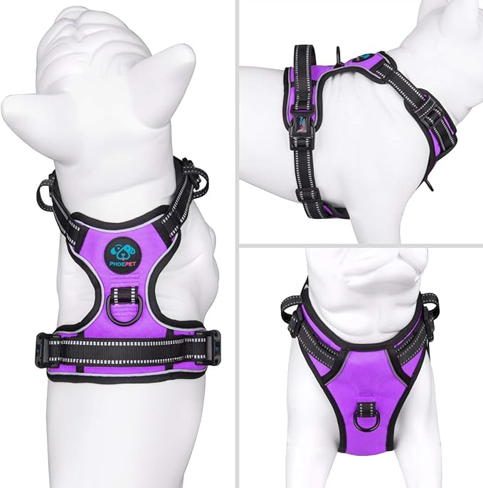 PHOEPET No Pull Dog Harnesses for Small Puppies Reflective Adjustable Front Clip Vest with 2 Metal Leash Attachment Hooks Soft Handle(XS, Purple)