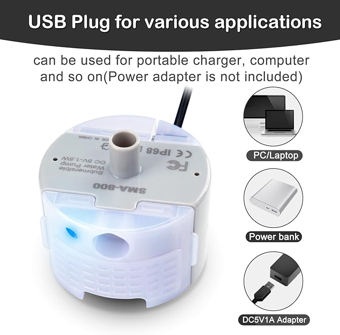 Cat Water Fountain Pump, Pet Water Fountain Replacement Pump SMA-800 Submersible Motor for Stainless Steel Indoor Cat Fountain Pump Replacement(Bottom pumping With Adapter&Brush)