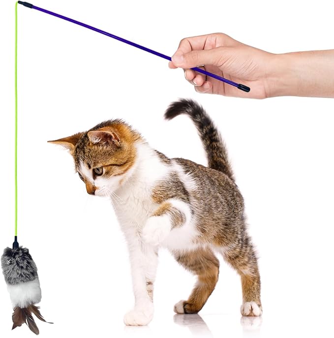 Interactive Cat Toy Wand with Feather and Bell- Vibrant Blue-Violet Wand Cat Toys for Indoor Cats- Feather String Toy for Cats and Kittens.
