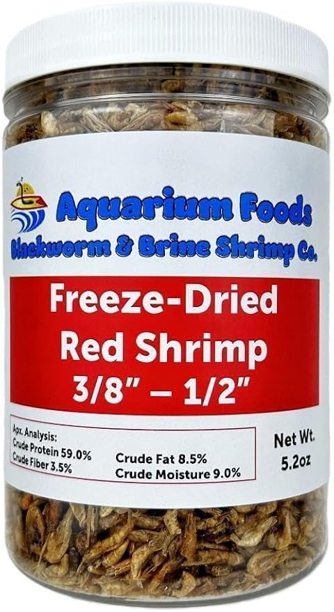 Aquatic Foods Inc. Red River Shrimp - Freeze-Dried 3/8" to 1/2" Red River Shrimp for Cichlids, Koi & Pond Fish, Aquatic Turtles, All Community Tropical Fish, Reptiles, Rodents…5.2oz Lg Round Jar