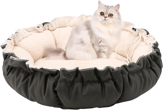 Cat Bed for Indoor Cats, 24.8 Inch Adjustable Small Dog Beds for Puppy & Kitty, Round Kitten Bed with Drawstring, Extra Soft & Machine Washable