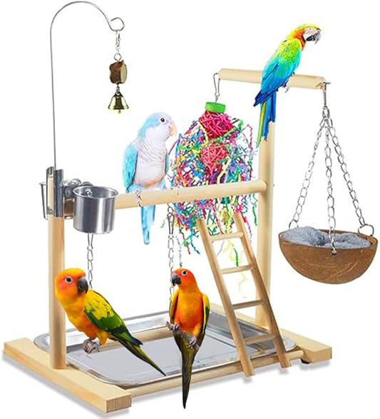 Bird Stand Fun Straw Bell Toys,Parrot Wooden Platform Stand with Perch Ladder, Swing, Bell & Feeder