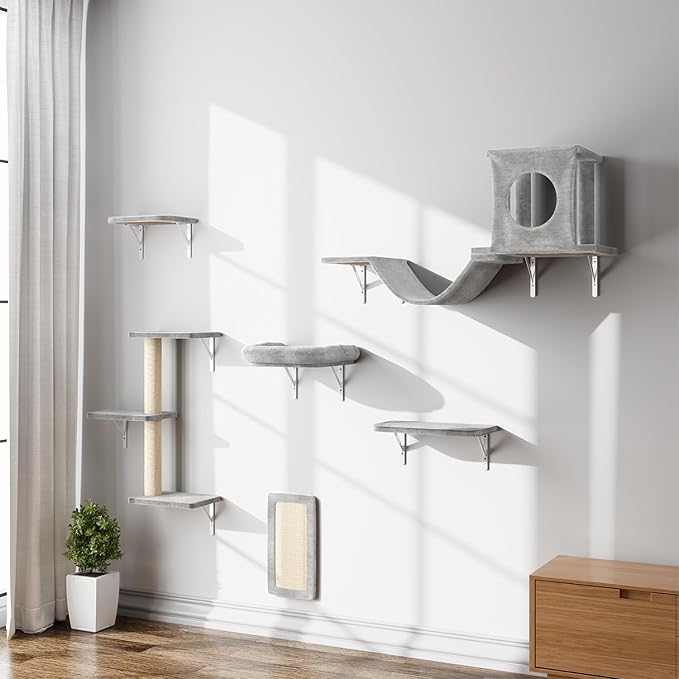 NUNU LAB Wall Mounted Cat Climber Set, 6 Pcs Cat Furniture Set with House, Bridge, Steps, Scratcher Board and Hammock, Shelves for Indoor, Luxury Walls Furniture(Light Gray)