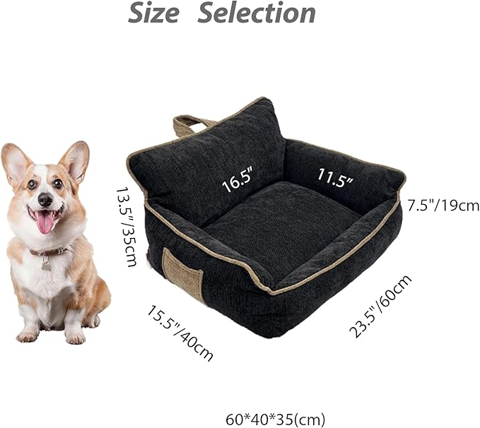Small Orthopedic Dog Sofa Bed with Sides, Carry Handle & Side Pockets .Plush Chenille Orthopedic Pet Bed Couch for Small Breed Dogs & Cats .Portable Snuggler for Indoor Use, Travel & Recovery