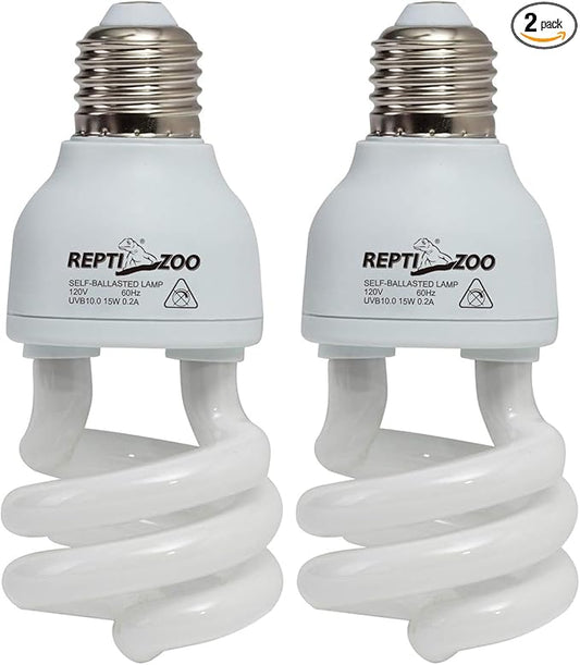 REPTI ZOO Energy Saving Lamps UVB Bulb Spiral Compact 15 Watts UVB 10.0 Reptile Light Bulb Fit for Desert Type Reptile/Snake/Lizard/Insect/Leopard Tortoise (Pack of 2)