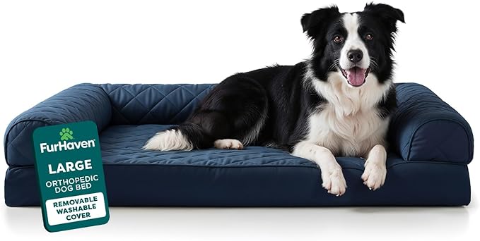 Furhaven Orthopedic Dog Bed for Large/Medium Dogs w/ Removable Bolsters & Washable Cover, For Dogs Up to 55 lbs - Quilted Sofa - Navy (Blue), Large